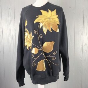 Vintage 80s LEE Christmas Sweater XL Black Gold Painted Sweatshirt Gaudy Ugly